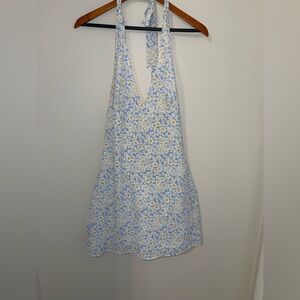 Elegant Floral Halter Mini Dress - White and Yellow